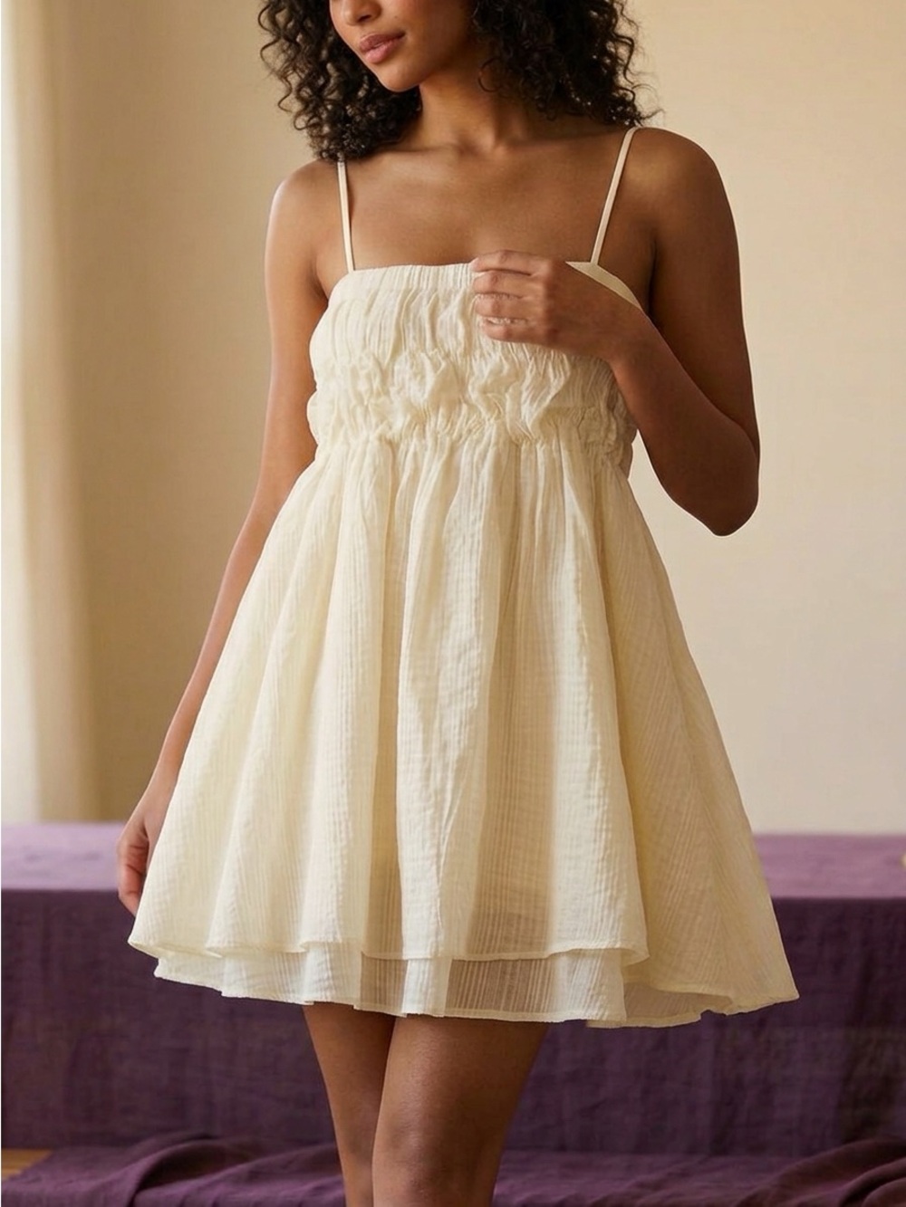 Forever 21 Cream Smocked Babydoll Mini Dress